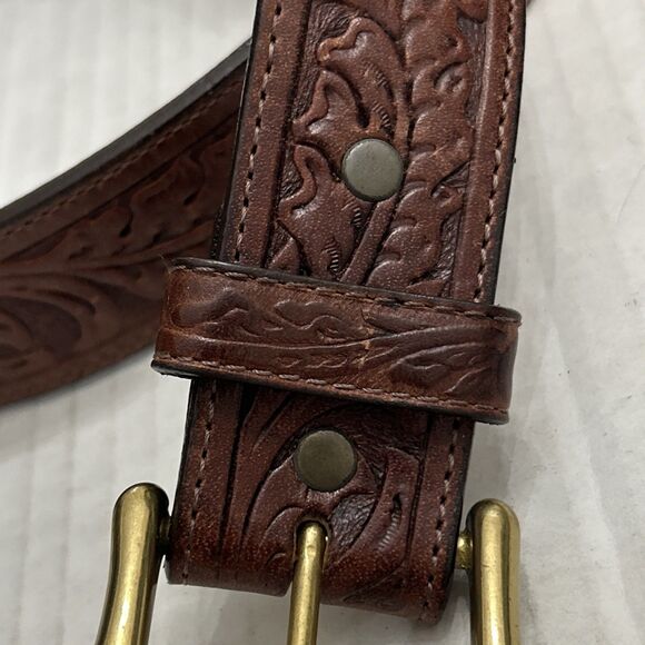 L. L. Bean Brown Leaf Embossed Leather Belt Solid Brass Buckle Sz 30